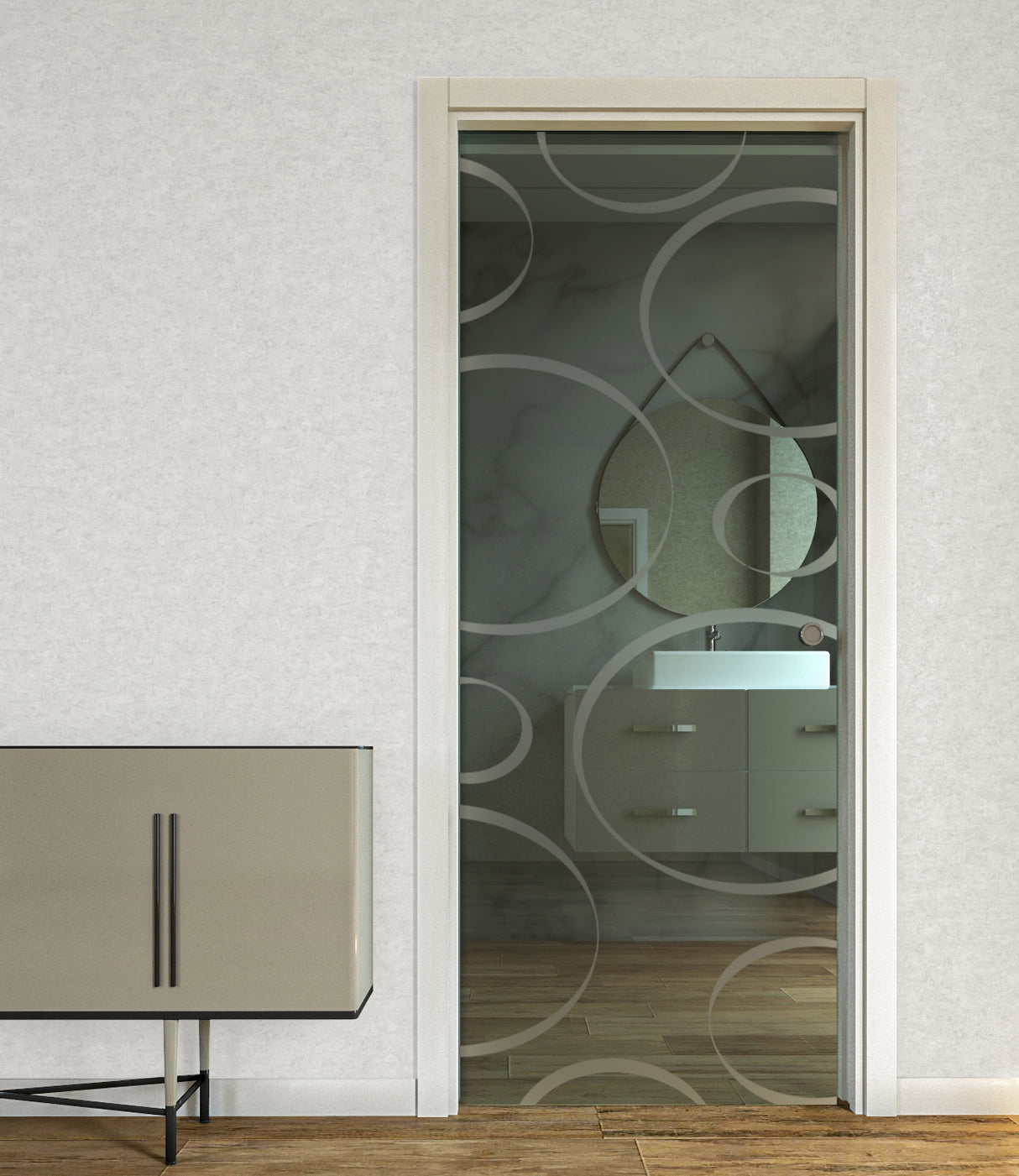 Porta Scorrevole a Scomparsa in Vetro Trasparente con Disegni Sabbiati