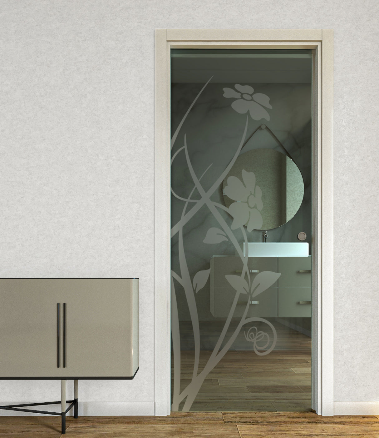 Porta Scorrevole a Scomparsa in Vetro Trasparente con Disegni Sabbiati