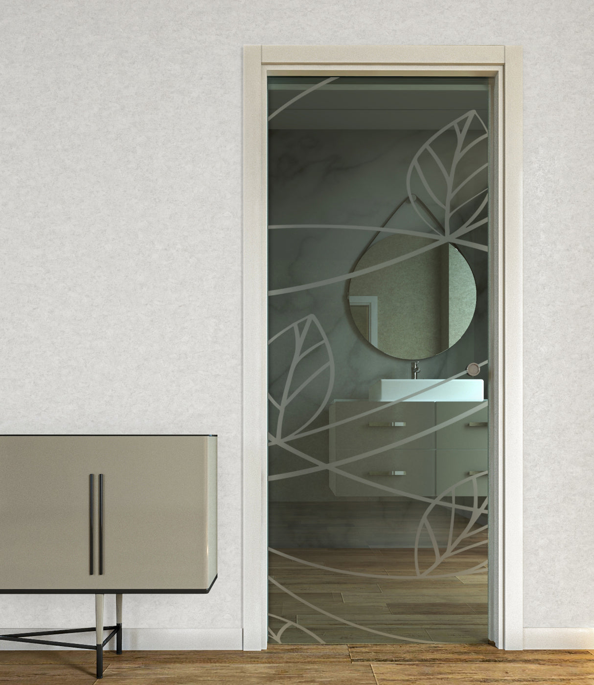 Porta Scorrevole a Scomparsa in Vetro Trasparente con Disegni Sabbiati