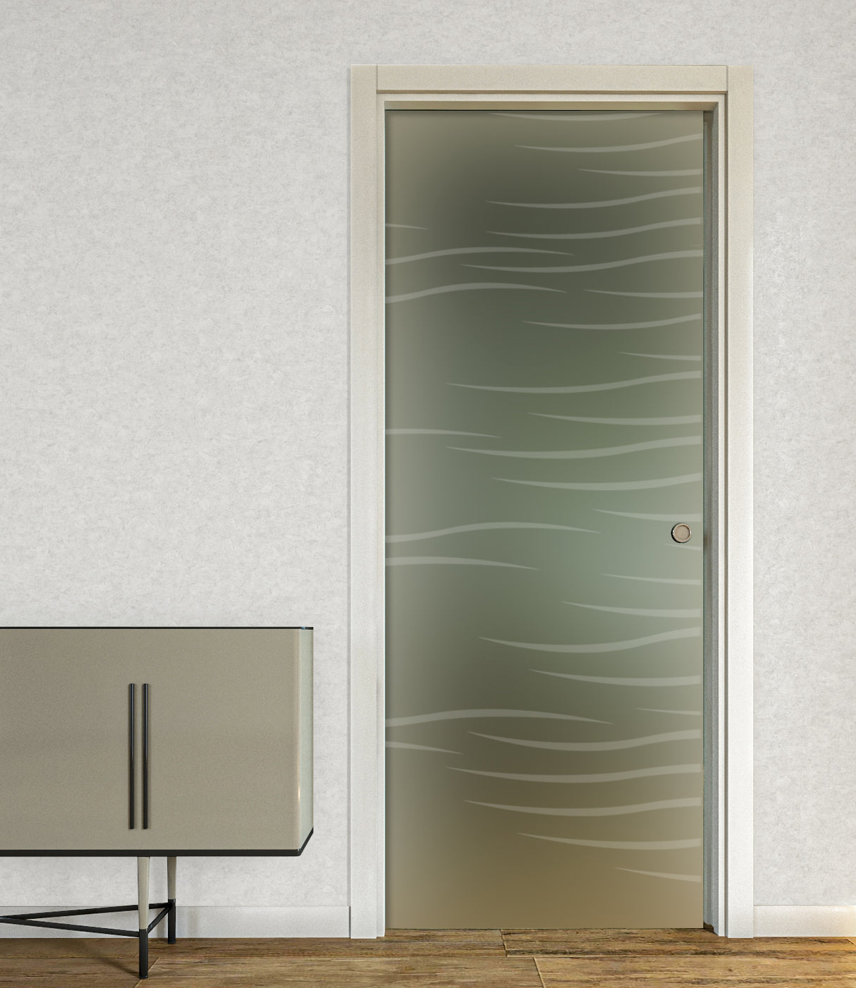 Porta Scorrevole a Scomparsa in Vetro Satinato con Disegni Sabbiati