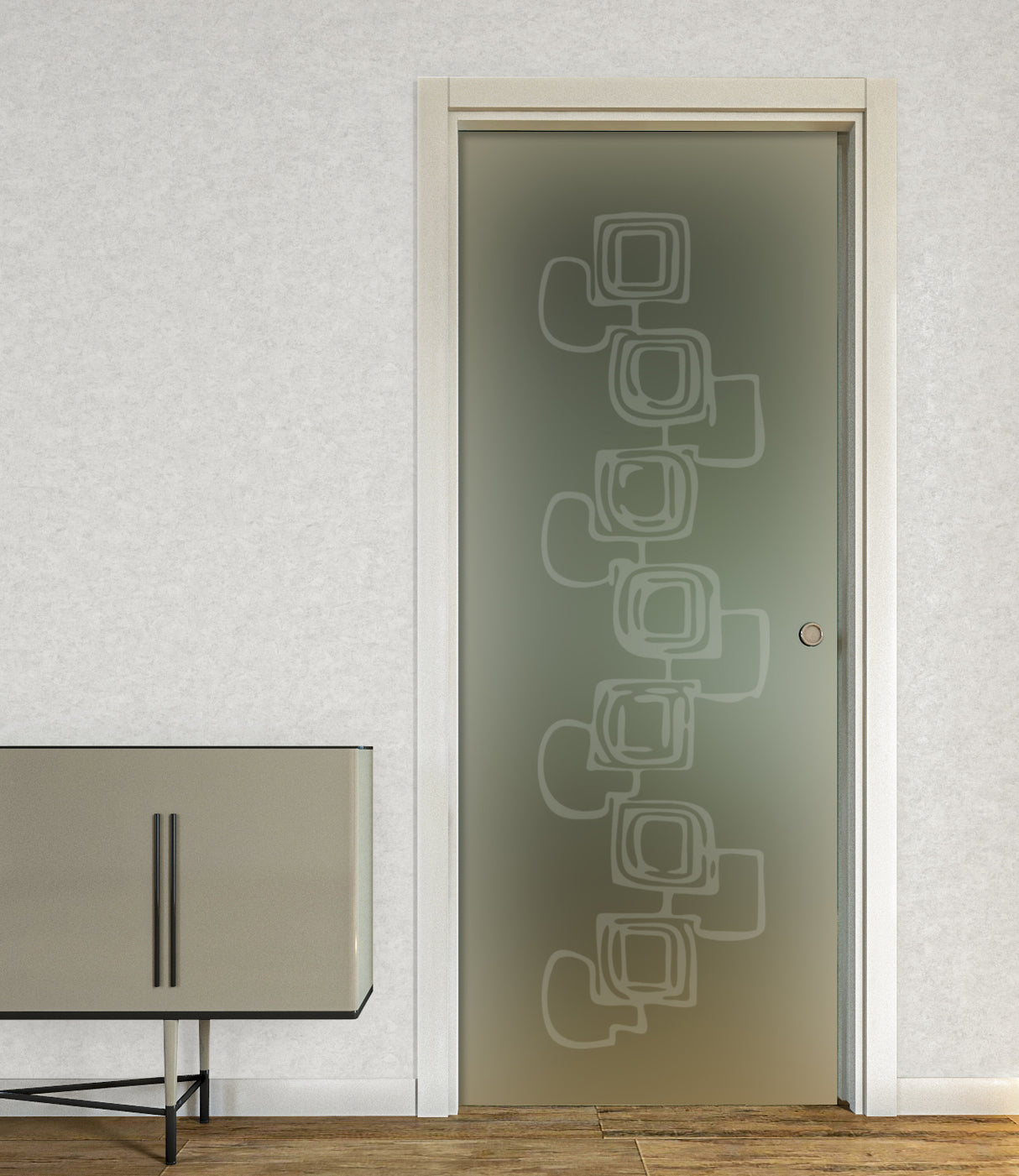 Porta Scorrevole a Scomparsa in Vetro Satinato con Disegni Sabbiati