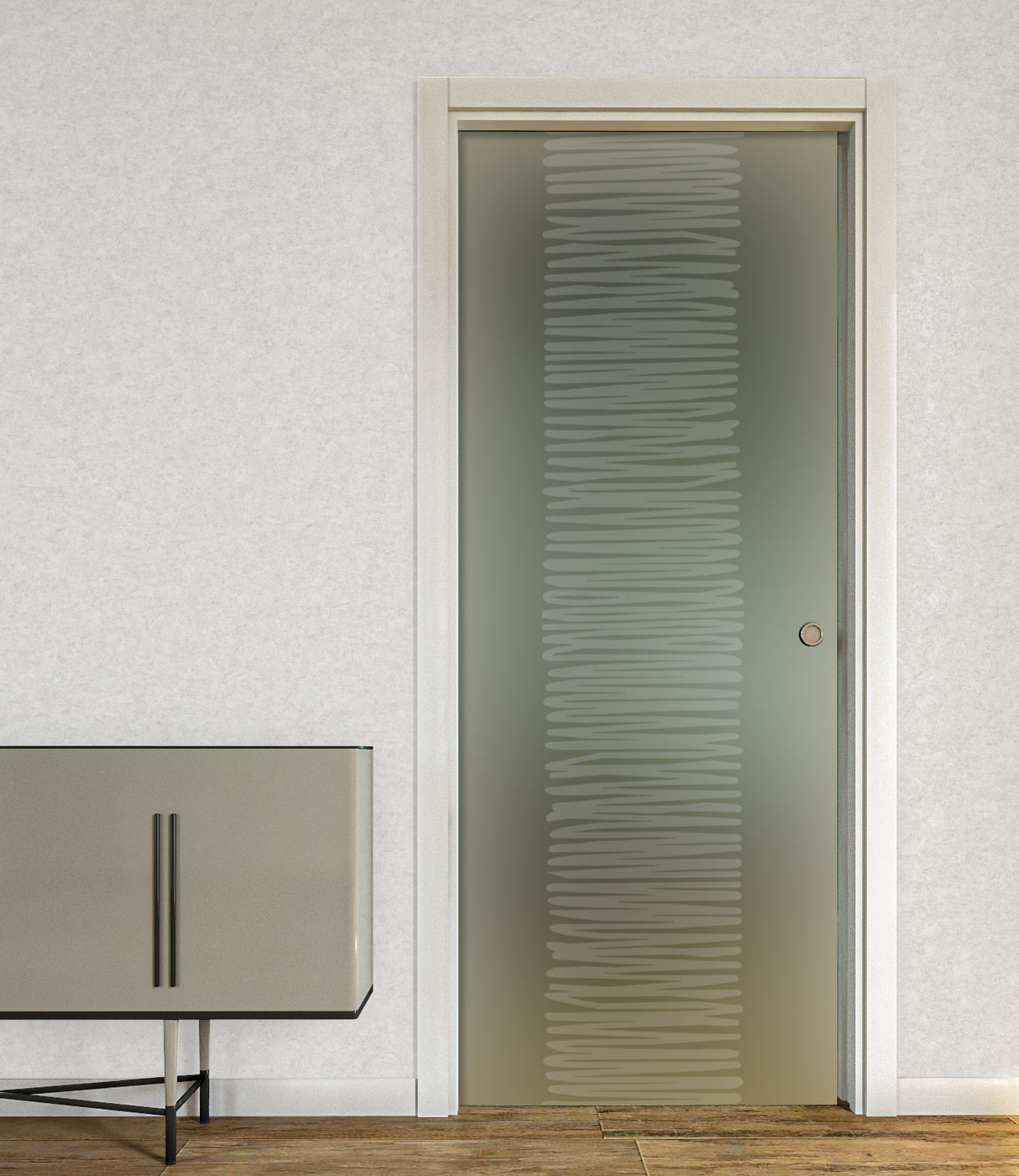 Porta Scorrevole a Scomparsa in Vetro Satinato con Disegni Sabbiati