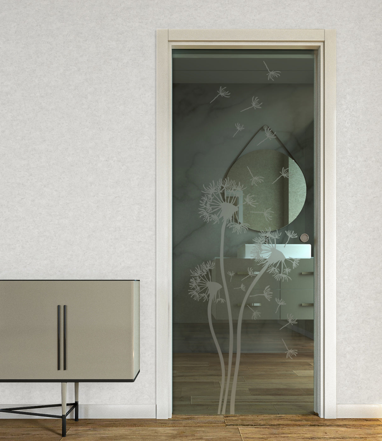 Porta Scorrevole a Scomparsa in Vetro Trasparente con Disegni Sabbiati