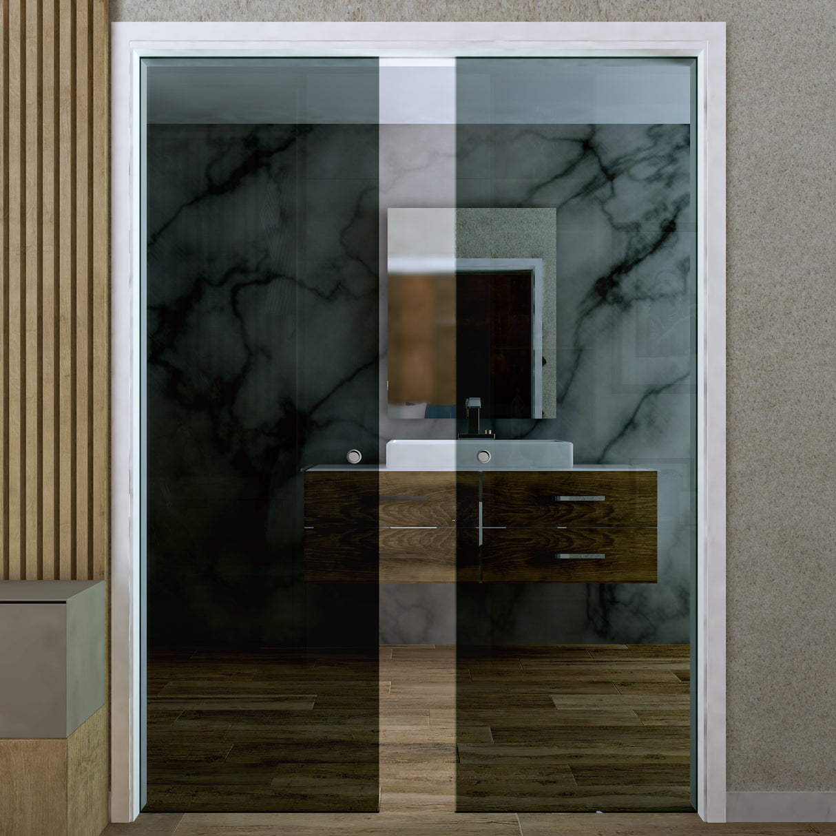 Porta Scorrevole a Scomparsa Doppia Anta in Vetro Fumè