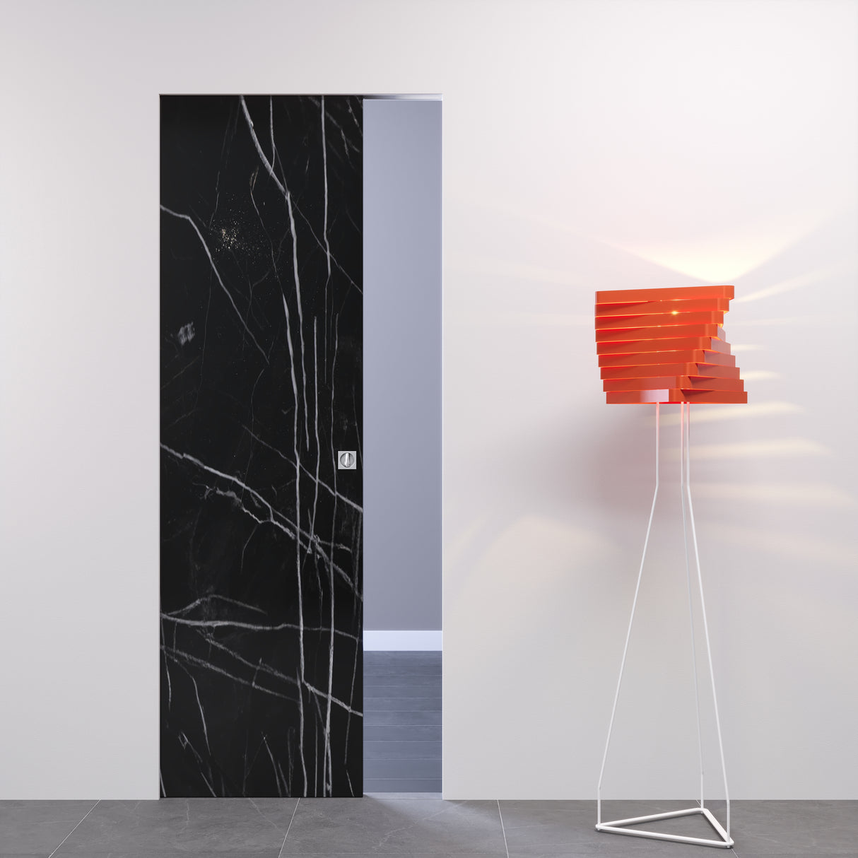 porta scorrevole filomuro effetto marmo neero con venature