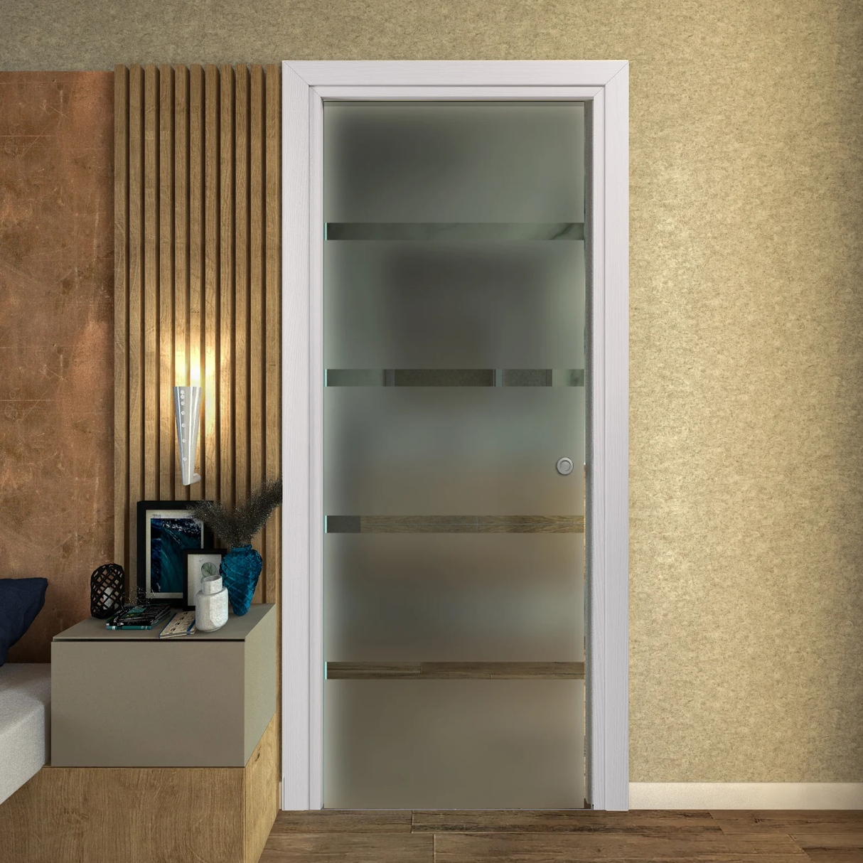 Pocket Door in Satin Glass with Transparent Lines