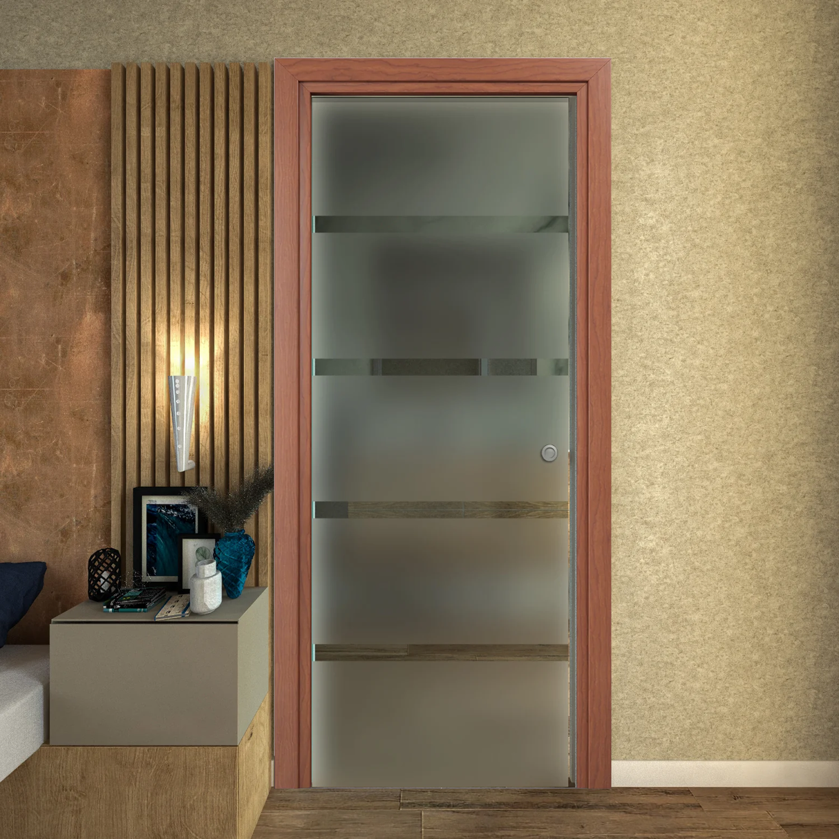 Pocket Door in Satin Glass with Transparent Lines