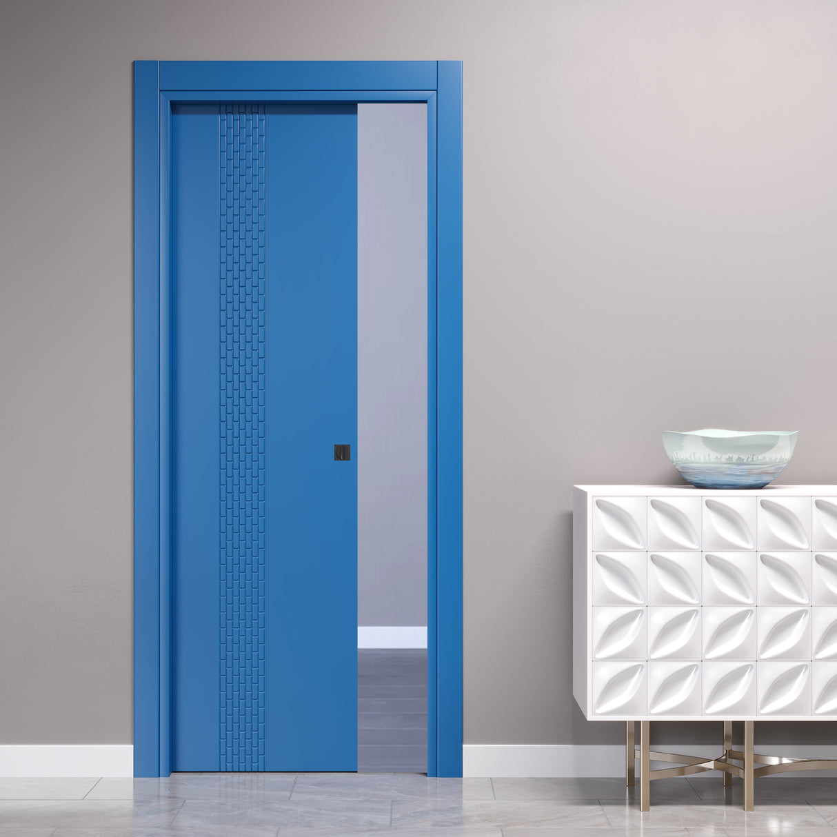 Sliding Pocket Door with Vertical Etchings