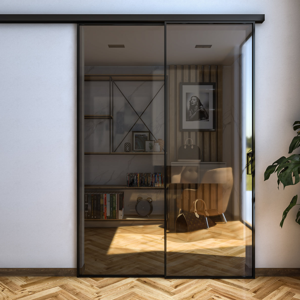 Pareti Divisorie 2 Ante Vetro Profilata con Binario Compact Riflettente