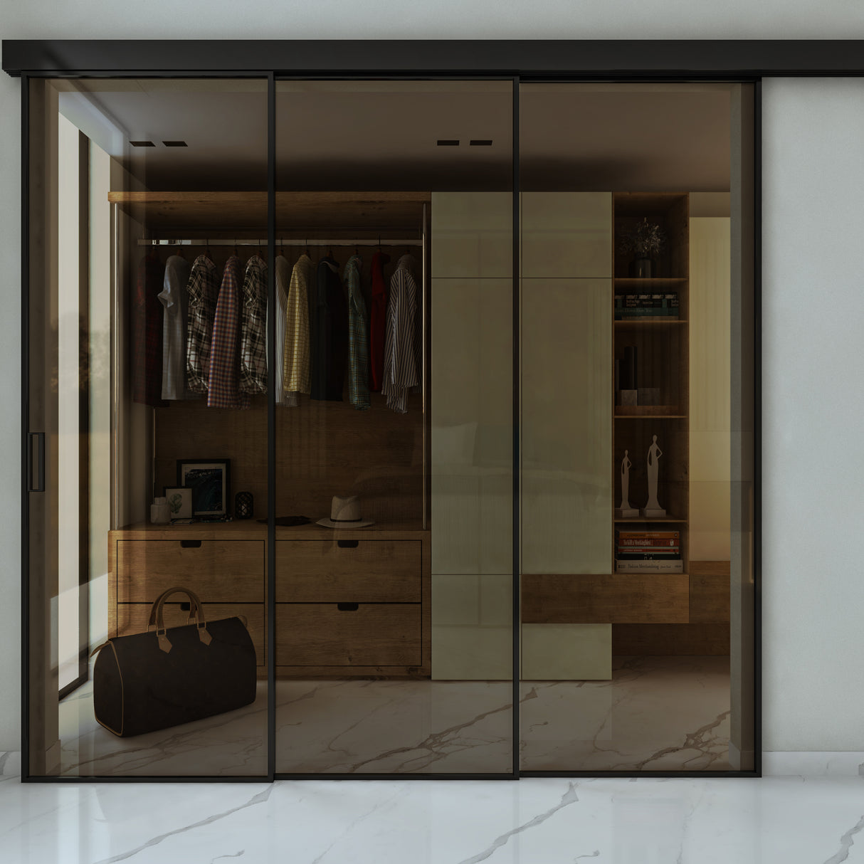 Pareti Divisorie 3 Ante Vetro Profilata con Binario Compact Trascinamento Bronzo