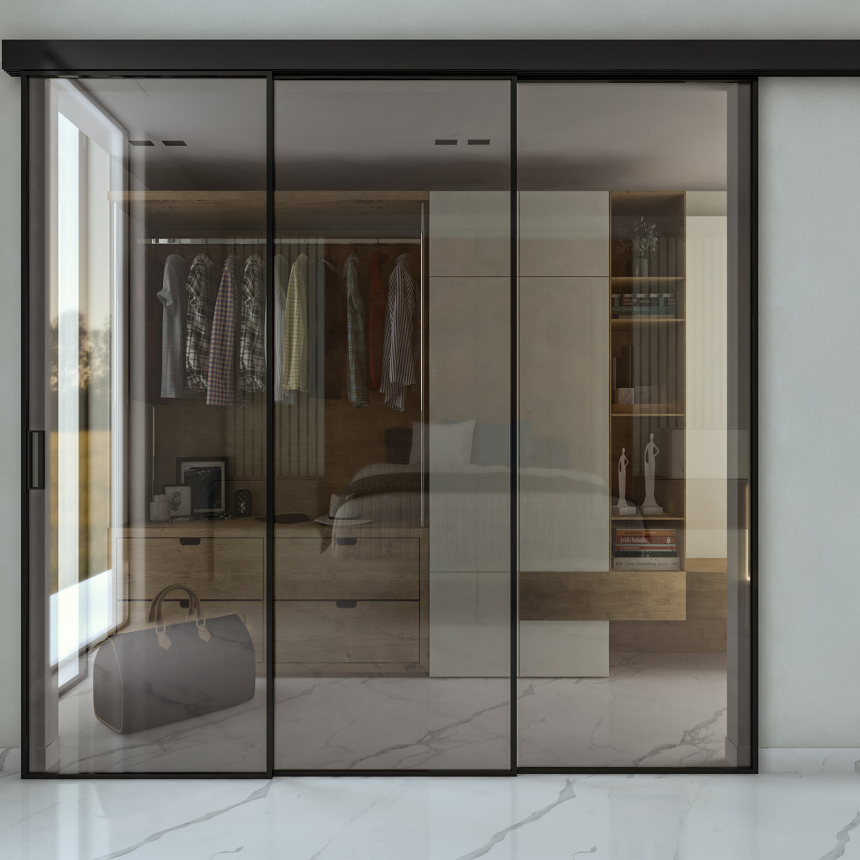 Pareti Divisorie 3 Ante Vetro Profilata con Binario Compact Trascinamento Riflettente