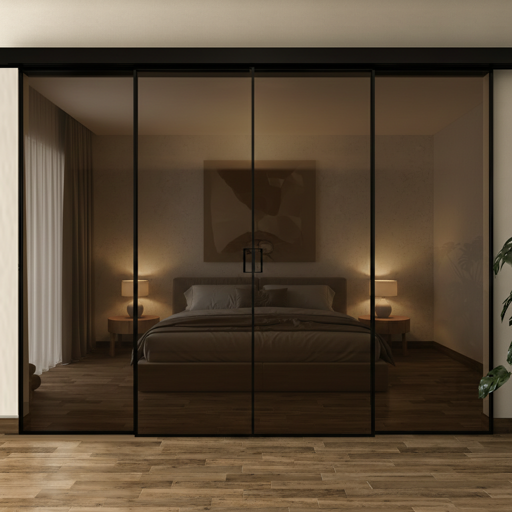 Pareti Divisorie 4 Ante Vetro Profilata con Binario Compact 2 Fisse 2 Scorrevoli Bronzo