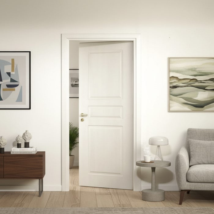 Pantographed Hinged Door in White Pickled Wood