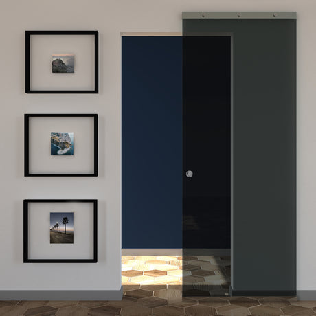 Porta in vetro fume scorrevole esterna con binario magical