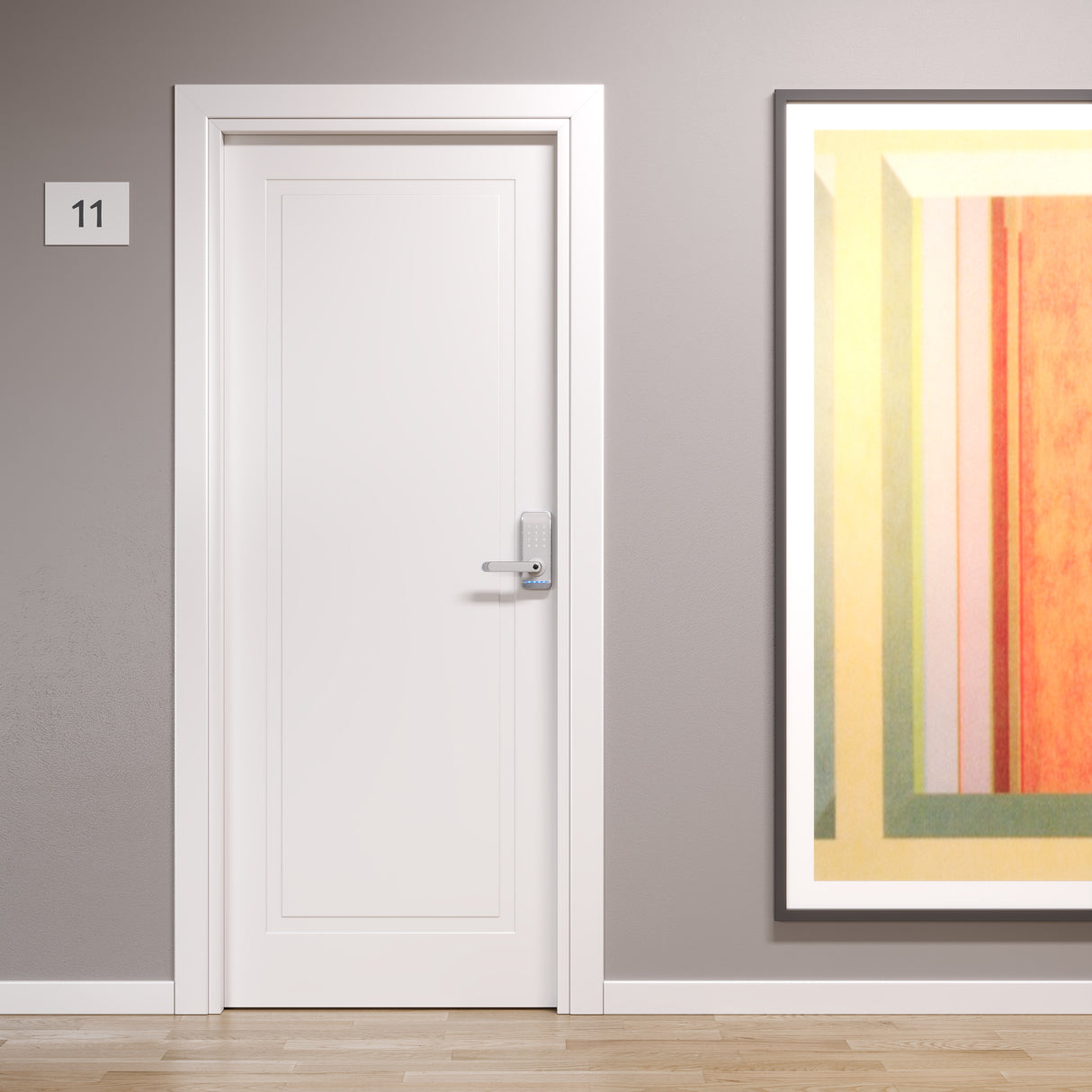 Porta santorini con 1 bugna centrale Rei con maniglia elettronica con codici e card