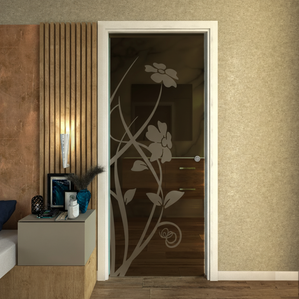 Porta Scorrevole a Scomparsa in Vetro Bronzato con Disegno Evo Flower