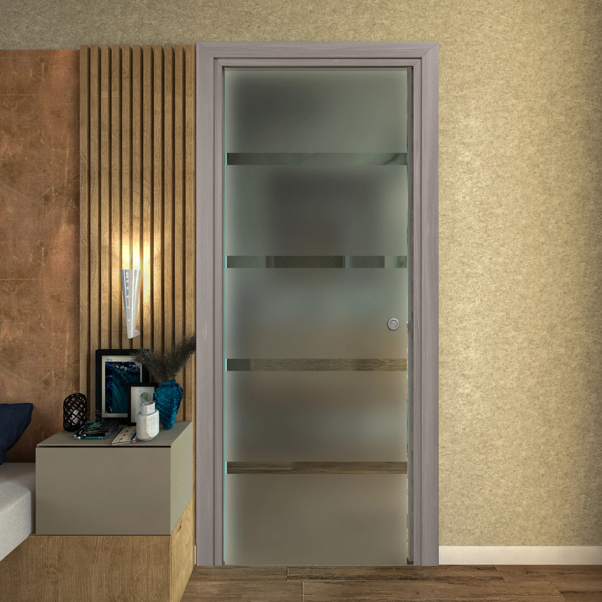 Pocket Door in Satin Glass with Transparent Lines