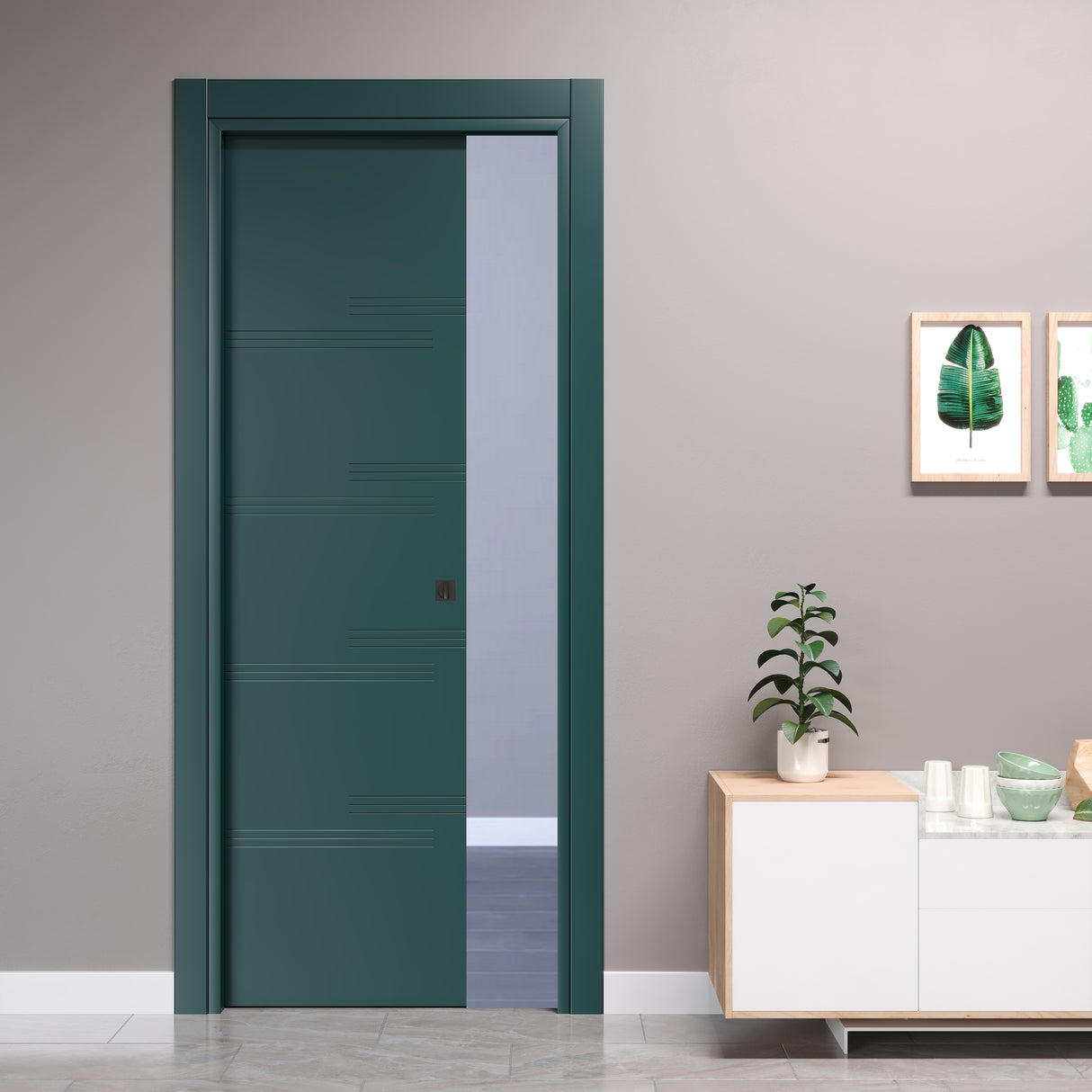 Sliding Pocket Door with Horizontal Engravings