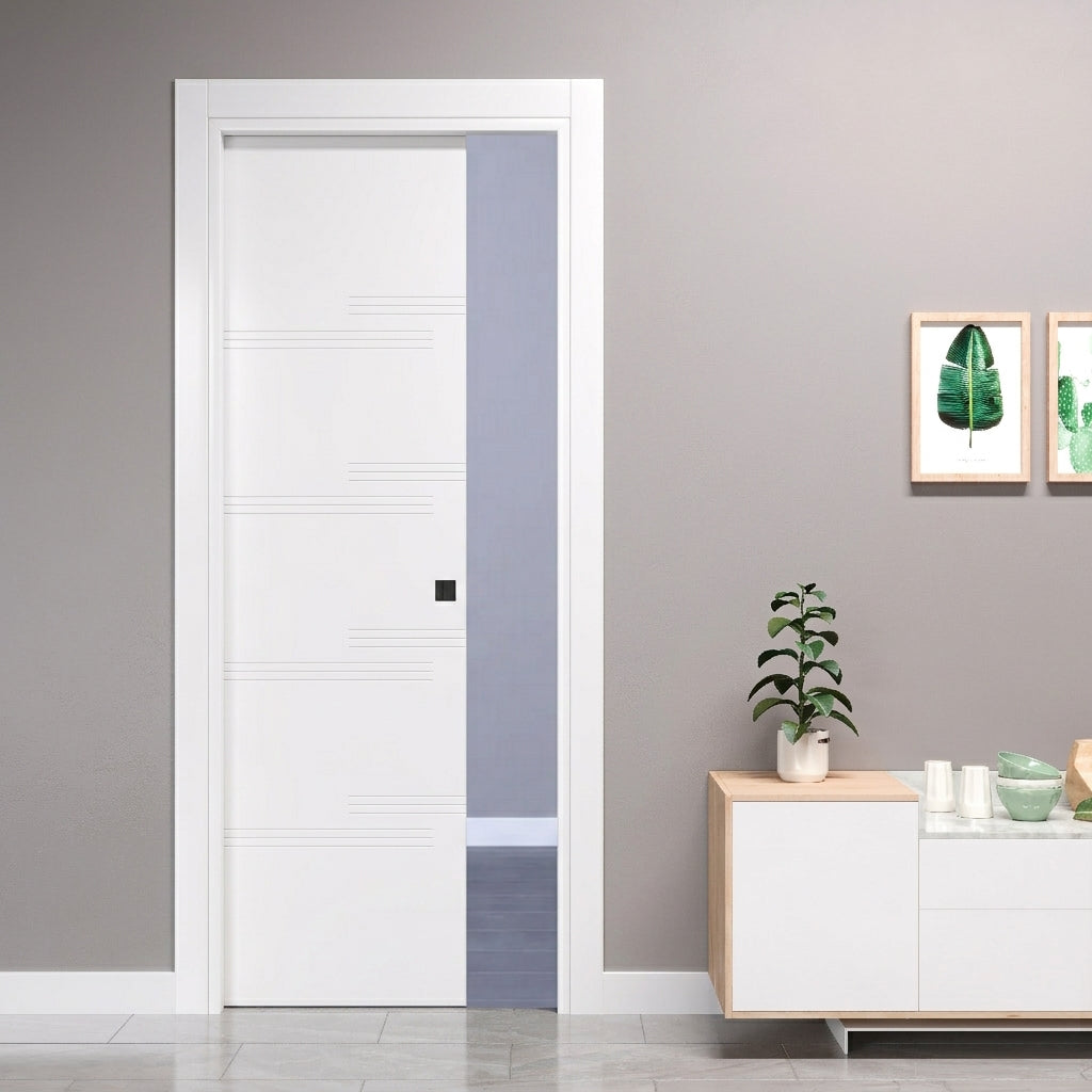 Sliding Pocket Door with Horizontal Engravings