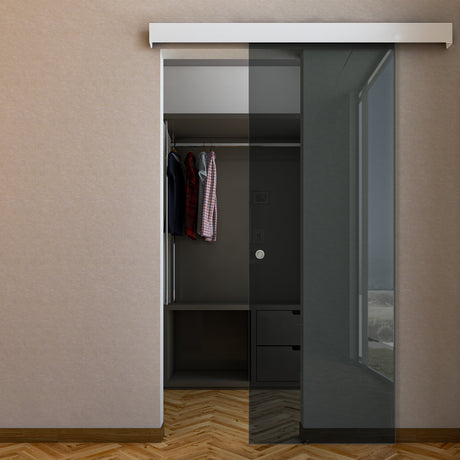 Porta Scorrevole in Vetro Fumè Esterno Muro con Binario Compact