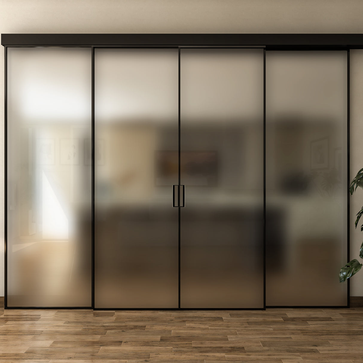 Pareti Divisorie 4 Ante Vetro Profilata con Binario Compact 2 FIsse e 2 Scorrevoli Satinato