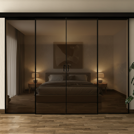 Pareti Divisorie 4 Ante Vetro Profilata con Binario Compact 2 Fisse 2 Scorrevoli Bronzo