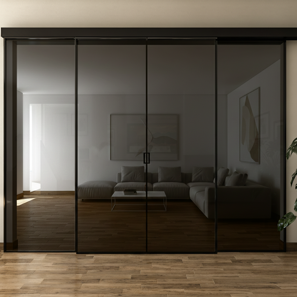 Pareti Divisorie 4 Ante Vetro Profilata con Binario Compact 2 Fisse e 2 Scorrevoli Fumè