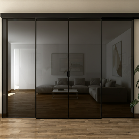 Pareti Divisorie 4 Ante Vetro Profilata con Binario Compact 2 Fisse e 2 Scorrevoli Fumè