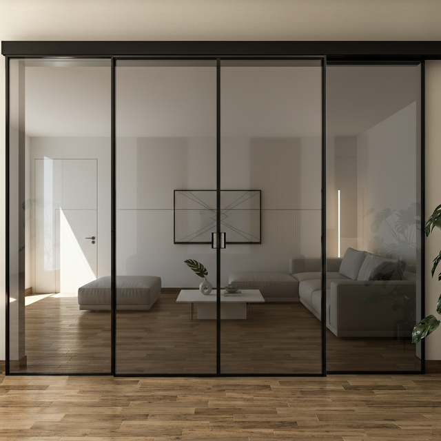 Pareti Divisorie 4 Ante Vetro Profilata con Binario Compact 2 Fisse e 2 Scorrevoli Riflettente