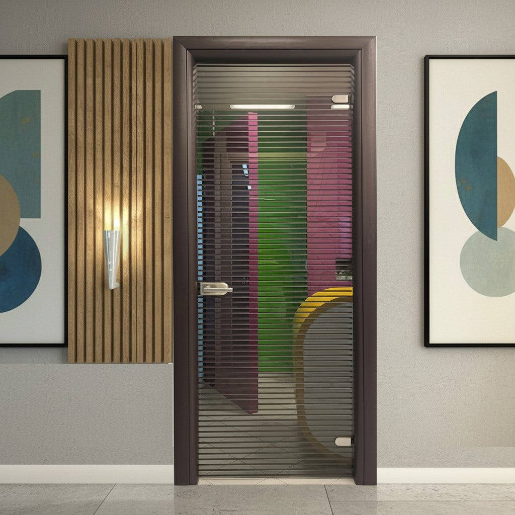 Porta Battente in Vetro con Decorazione Orizzontali Nere